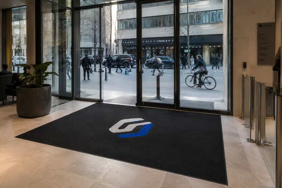 Tapis professionnel installé dans l'accueil d'un siège social pour valoriser l'image de l'entreprise