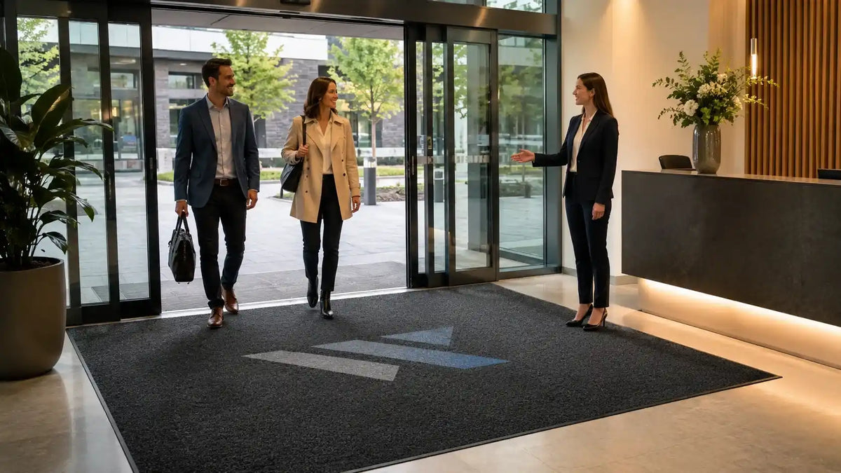 Grand tapis d'entrée personnalisé avec logo installé dans le hall d'accueil d'une entreprise moderne pour renforcer l'image de marque et la propreté des locaux