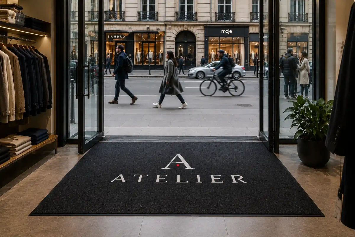 Tapis professionnel installé à l'entrée d'un commerce pour améliorer l'accueil des clients