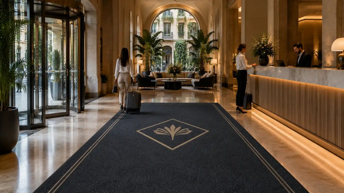 Tapis professionnel utilisé dans le hall d'un hôtel pour valoriser l'expérience client