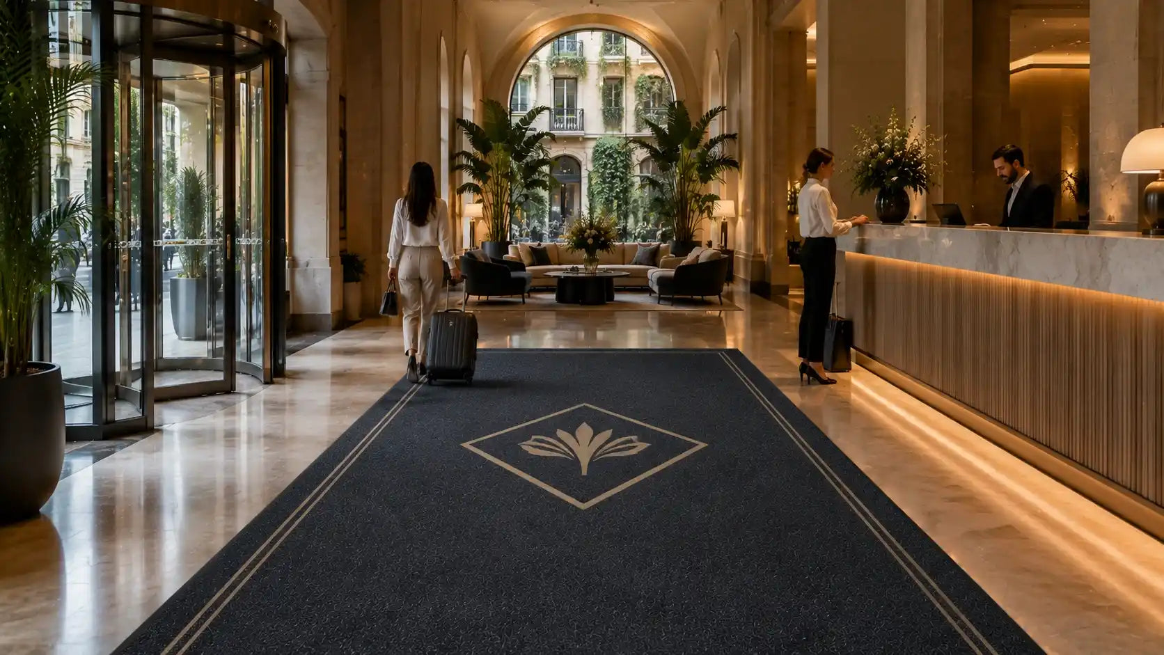 Tapis professionnel utilisé dans le hall d'un hôtel pour valoriser l'expérience client