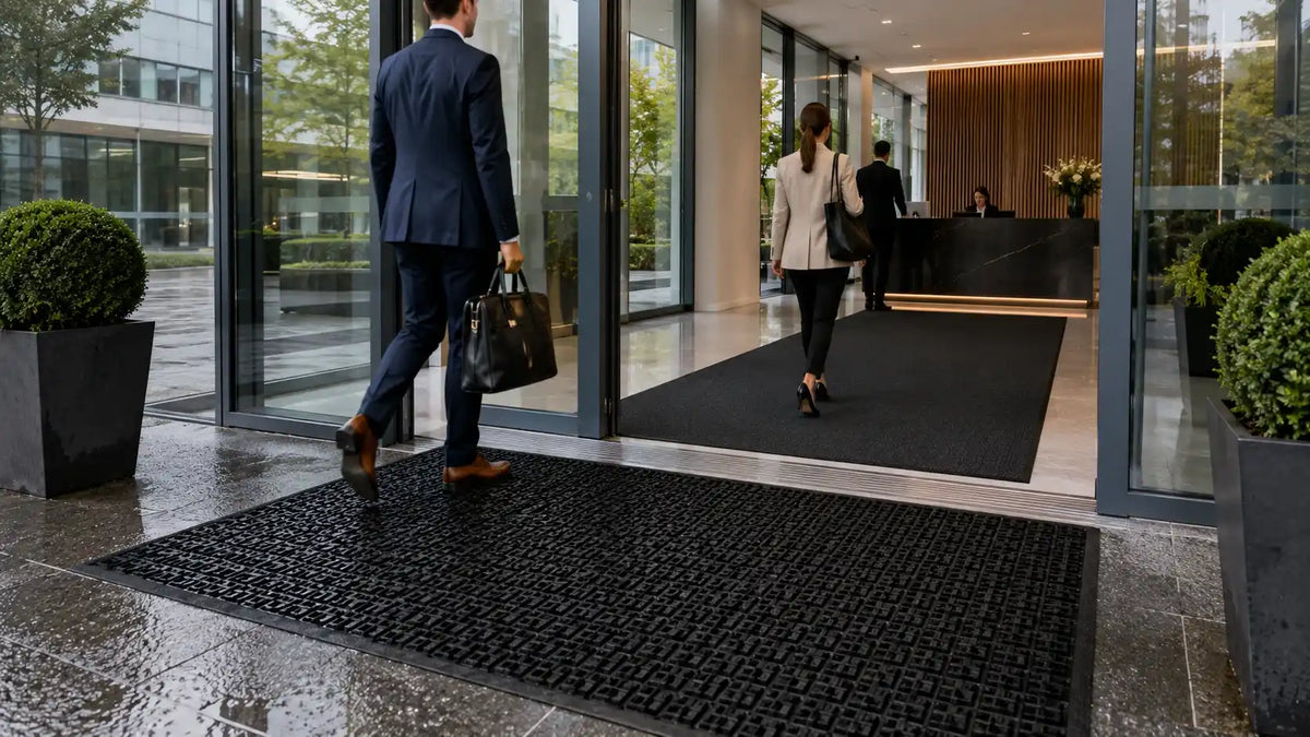 Entrée professionnelle équipée d'un tapis grattant extérieur et d'un tapis absorbant intérieur