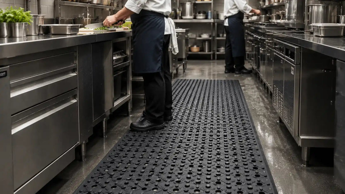 Tapis professionnel installé dans une cuisine pour améliorer la sécurité et le confort