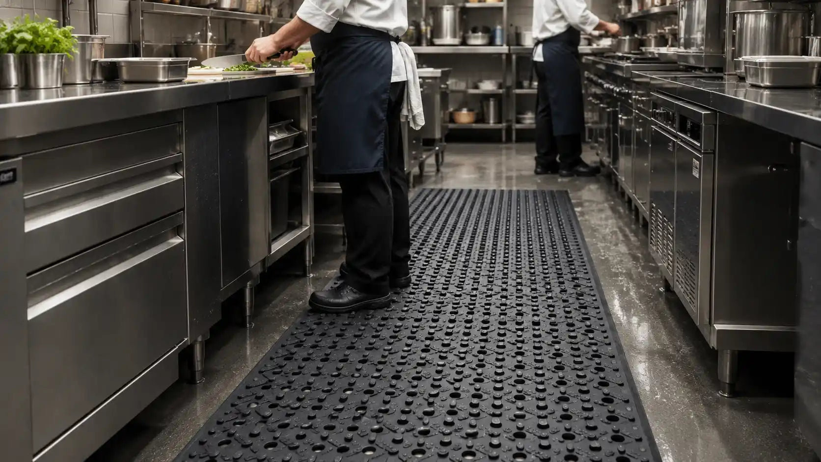 Tapis professionnel installé dans une cuisine pour améliorer la sécurité et le confort