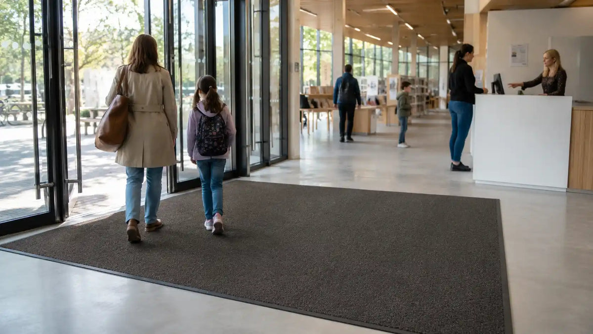 Tapis d'entrée professionnel utilisé dans une collectivité ou un établissement public