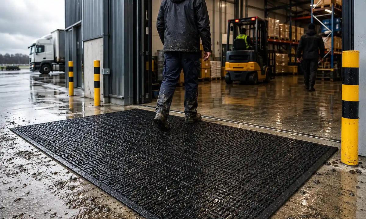 Grand tapis caoutchouc grattant professionnel installé à l'entrée d'un immeuble de bureaux sous la pluie pour retenir l'eau, la boue et les salissures avant l'accès au bâtiment.