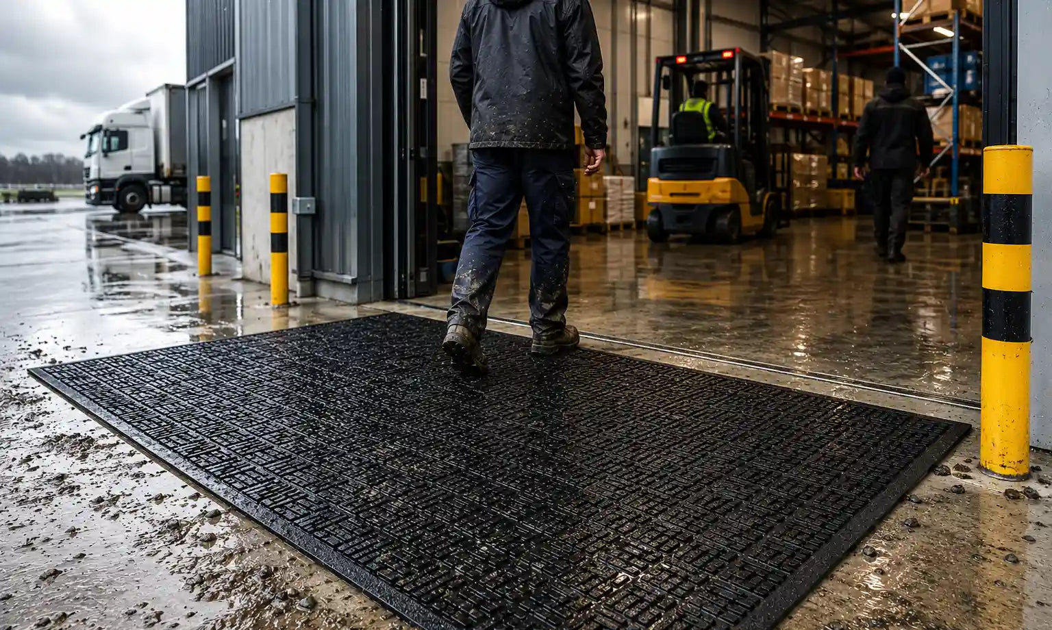 Grand tapis caoutchouc grattant professionnel installé à l'entrée d'un immeuble de bureaux sous la pluie pour retenir l'eau, la boue et les salissures avant l'accès au bâtiment.