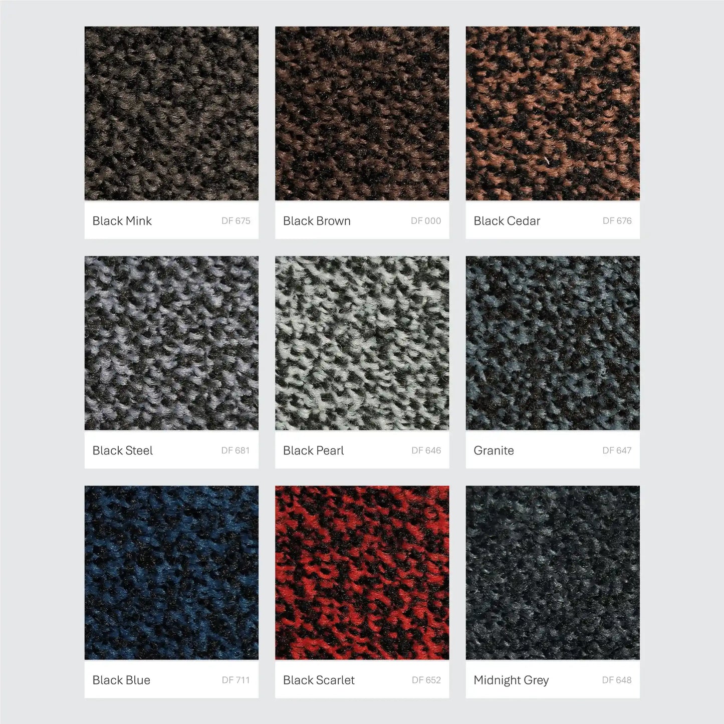 Échantillons de coloris disponibles pour un tapis d’entrée professionnel destiné aux environnements à fort trafic.