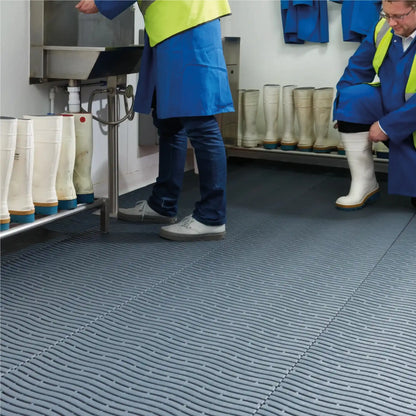 Revêtement drainant antidérapant dans un vestiaire industriel permettant un drainage efficace et une meilleure sécurité au sol.